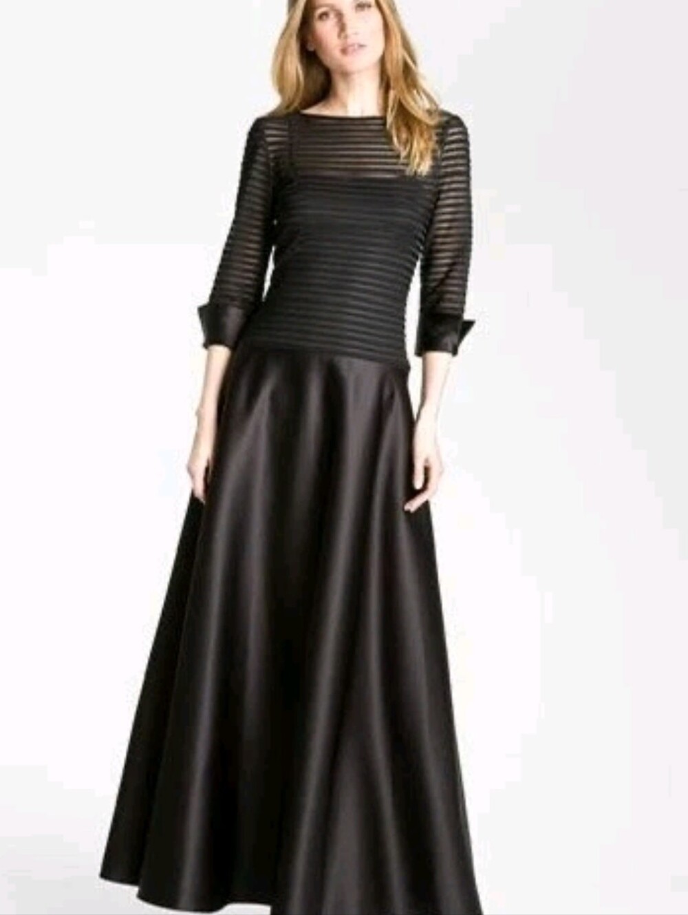 JS COLLECTIONS Black Sheer 2PC Illusion Bodice Sleeve Satin Skirt Mock Dress